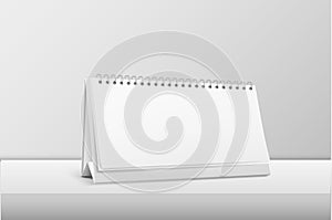 Vector realistic horizontal blank spiral calendar closeup standing on white table. Design template, mockup. Stock vector