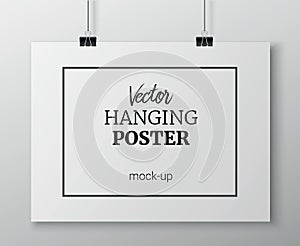 Vector realistic horizontal hanging poster mock up for your design or picture on grey wall background