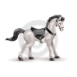 Vector realistic horse toy, doll with black saddle