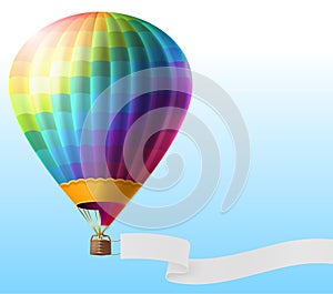 Vector realistic hot air balloon with blank ribbon