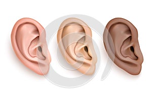 Vector realistic human ear iocn set closeup isolated on white background.