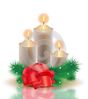 Vector realistic illustration. 3 burning golden Christmas candles with tree and bow tie