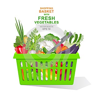 Vector realistic illustration. Colorful fresh organic vegetables and herbs in green shopping basket isolated on white background