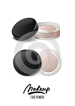 Vector realistic illustration of face tonal powder. Makeup icons set. Top view and side view of face powder jar, .