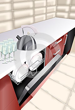Vector realistic illustration of kitchen room. Open dishwasher in kitchen counter.