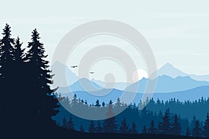 Vector realistic illustration of mountain landscape with forest, blue sky with clouds and rising sun