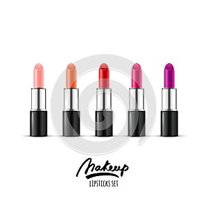 Vector realistic illustration of multicolor lipstick. Makeup icons set. Red and pink lipsticks on white background.