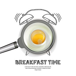 Vector realistic illustration of pan with fried egg and hand drawn alarm clock isolated on white background.