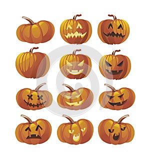 Vector Realistic Illustration Set of Halloween Pumpkins with Funny Faces