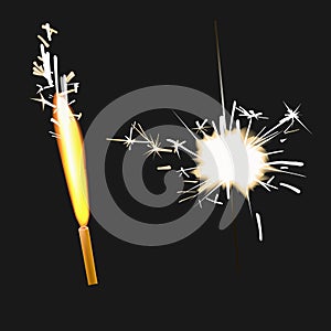 Vector realistic illustration of sparkler. Isolated objects. .
