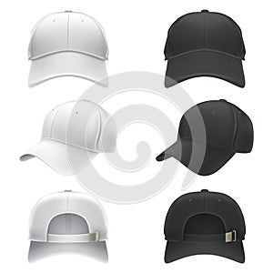Vector realistic illustration of a white and black textile baseball cap front, back and side view
