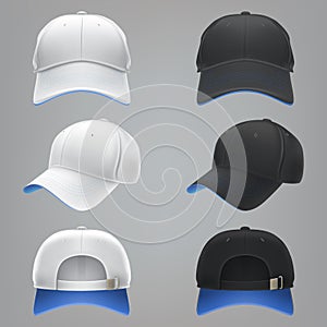 Vector realistic illustration of a white and black textile baseball cap front, back and side view