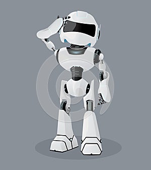 Vector realistic illustration of the white robot. scratching his head. Confused robot.