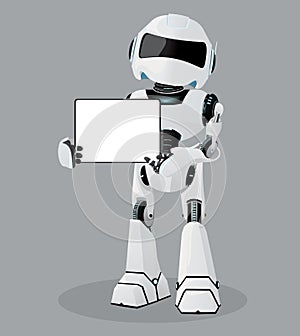 Vector realistic illustration of the white robot. Tablet in hands.