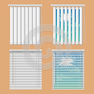 Vector realistic illustration windows with open and close horizontal and vertical blind curtains.