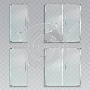 Vector realistic illustrations of a layout of an entrance glass doors with metal handles unscathed and broken glass