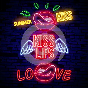 Vector realistic isolated neon retro signs of lips on the wall background for decoration and covering. Concept of