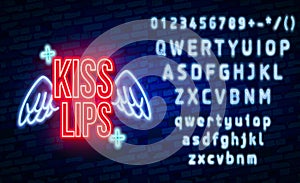 Vector realistic isolated neon retro signs of lips on the wall background for decoration and covering. Concept of