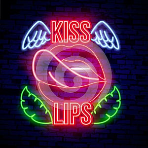 Vector realistic isolated neon retro signs of lips on the wall background for decoration and covering. Concept of