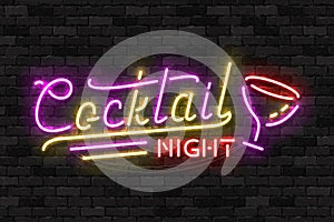 Vector realistic isolated neon sign of Cocktail Night logo for template decoration