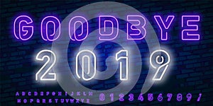 Vector realistic isolated neon sign of Goodbye 2019 logo for template decoration and covering on the wall background. Concept of