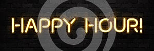 Vector realistic isolated neon sign of Happy Hour typography logo for template decoration and covering on the wall background. Con
