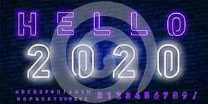 Vector realistic isolated neon sign of hello 2020 logo for template decoration and covering on the wall background. Concept of