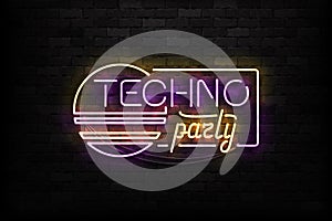 Vector realistic isolated neon sign of Techno Party logo for template decoration and invitation covering on the wall background. C