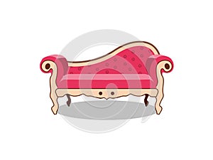 Vector realistic luxurious pink sofa with carved legs on background. Gilded antique royal couch in victorian