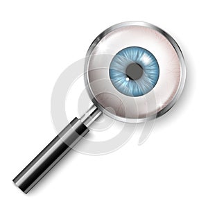 Vector realistic magnifying glass with human eyeball with blue iris isolated on white background