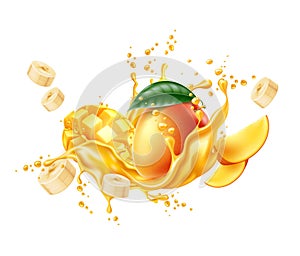 Vector realistic mango banana slice juice splash