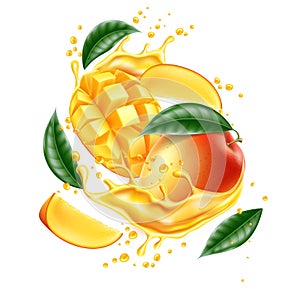 Vector realistic mango leaf slice juice splash