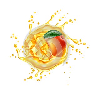 Vector realistic mango leaf slice juice splash