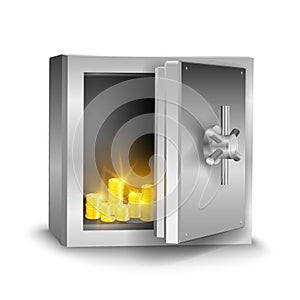 Vector realistic metallic open safe with shining gold coins isolated on white background