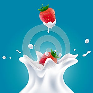Vector realistic milk splashes with blueberries and red strawberries