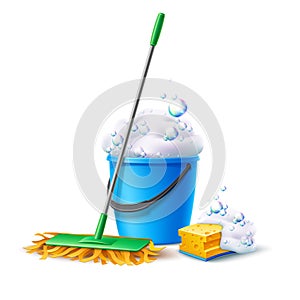 Vector realistic mop sponge bucket with soapy foam