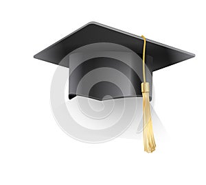 Vector realistic mortar board hat with golden tassel. Graduation cap. University graduation black hat. Academic