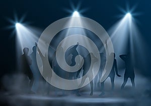 Vector realistic music club scene with spotlights, smoke and silhouettes of dancing young people