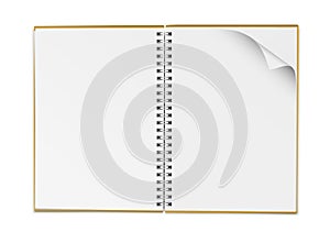 Vector realistic open blank notebook with curled corner isolated on white background