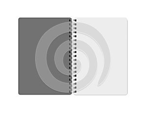 Vector Realistic opened Notepad Notebook with vertical pages and metal springs with grey cover. Copybook, booklet, journal, organi