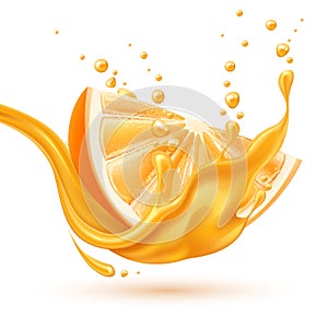Vector realistic orange juice splash slice