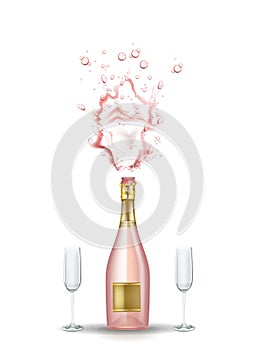 Vector realistic pink champagne explosion, glasses