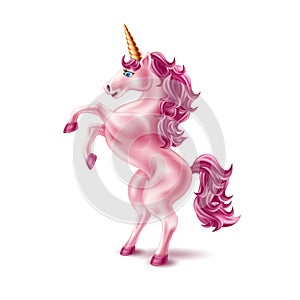 Vector realistic pink unicorn with golden horn