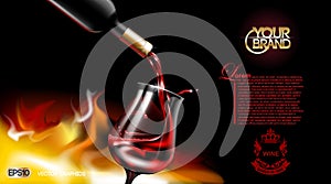 Vector Realistic Pouring Red Wine Glass. Logo advertise mock up. Vibrant background with place for your branding. 3d