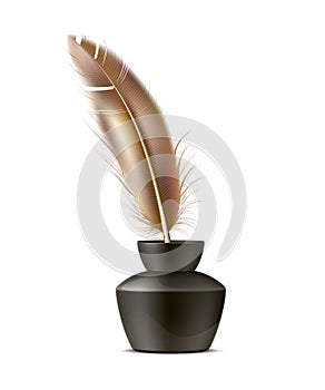 Vector realistic quill pen in inkpot, feather pen