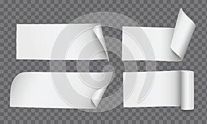 Vector realistic rectangle paper notes with curled corners and rolled edges isolated on transparent background