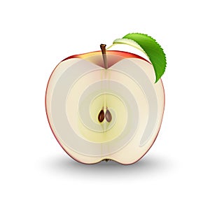 Vector Realistic Red Apple Cut in Half With Seeds and Leaf. Sliced Fruit. Detailed 3d Illustration Isolated On White.