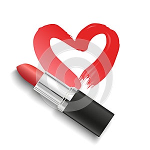 Vector realistic red lipstick with heart shaped lipstick smear isolated on white background