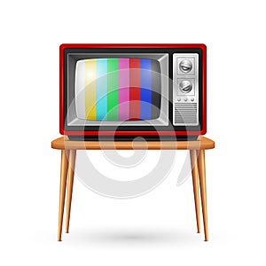 Vector Realistic Red Retro TV Set on the Wooden Table, Isolated on a White Background. Vintage TV Design Template