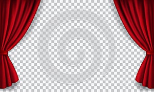 Vector realistic red velvet open curtains isolated on transparent background